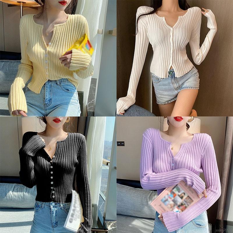 Áo Cardigan Dệt Kim Tay Dài Thiết Kế Cổ Chữ V Quyến Rũ