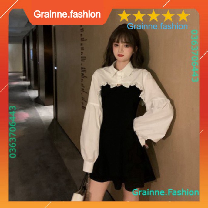 Set Váy Hai Dây Đen mix Sơ Mi Croptop Bèo Trắng Tay Dài - Áo Croptop Viền Bèo + Đầm Nữ Xòe - Set Xinh 💎👗👑- GNFShop