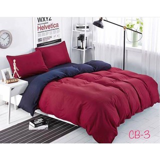 set chăn ga gối poly cotton trơn màu đỏ phối xanh than