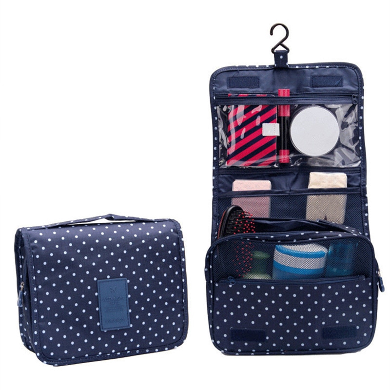 Túi đựng mỹ phẩm và dụng cụ cần thiết cho bạn nữ có móc treo tiện dụng in họa tiết chấm bi/hoa