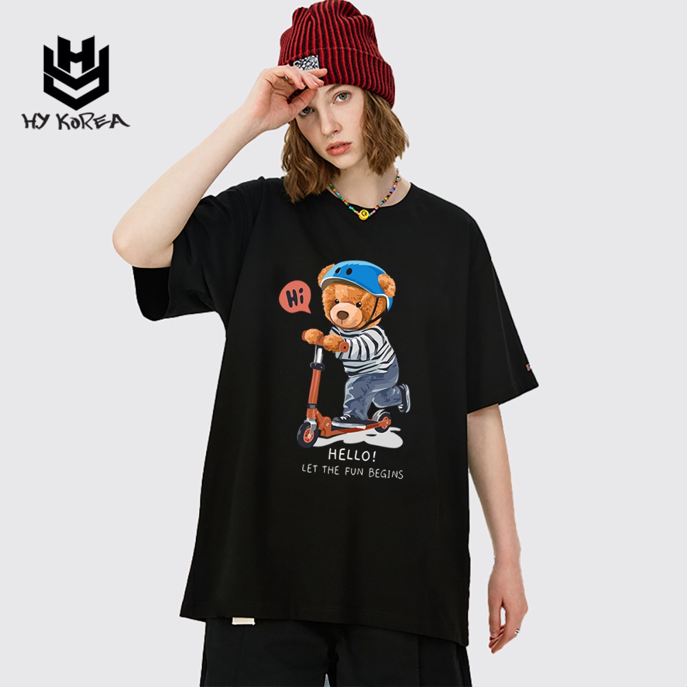 Áo Thun Tay Lỡ HY Korea Form Rộng Cotton 100 In Hình Gấu Xe Trượt 569.