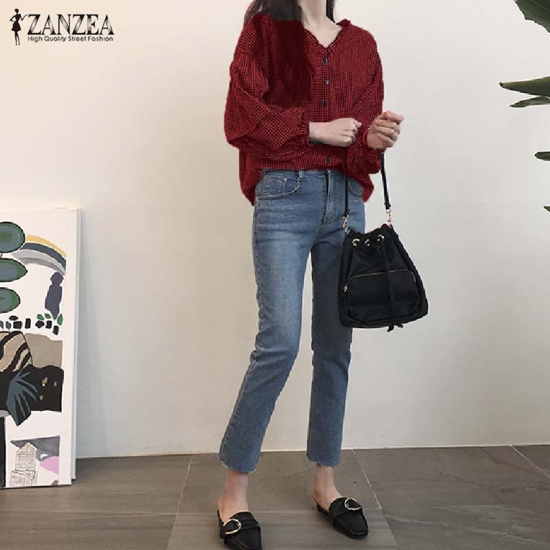 ZANZEA Áo dài tay dáng rộng họa tiết sọc caro phối nút thời trang cá tính cho nữ | BigBuy360 - bigbuy360.vn