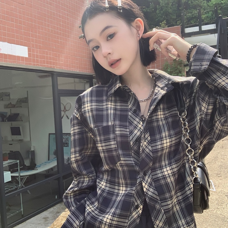 SUXI Áo Sơ Mi Caro Tay Dài Dáng Rộng Trẻ Trung Phong Cách Vintage Hàn Quốc