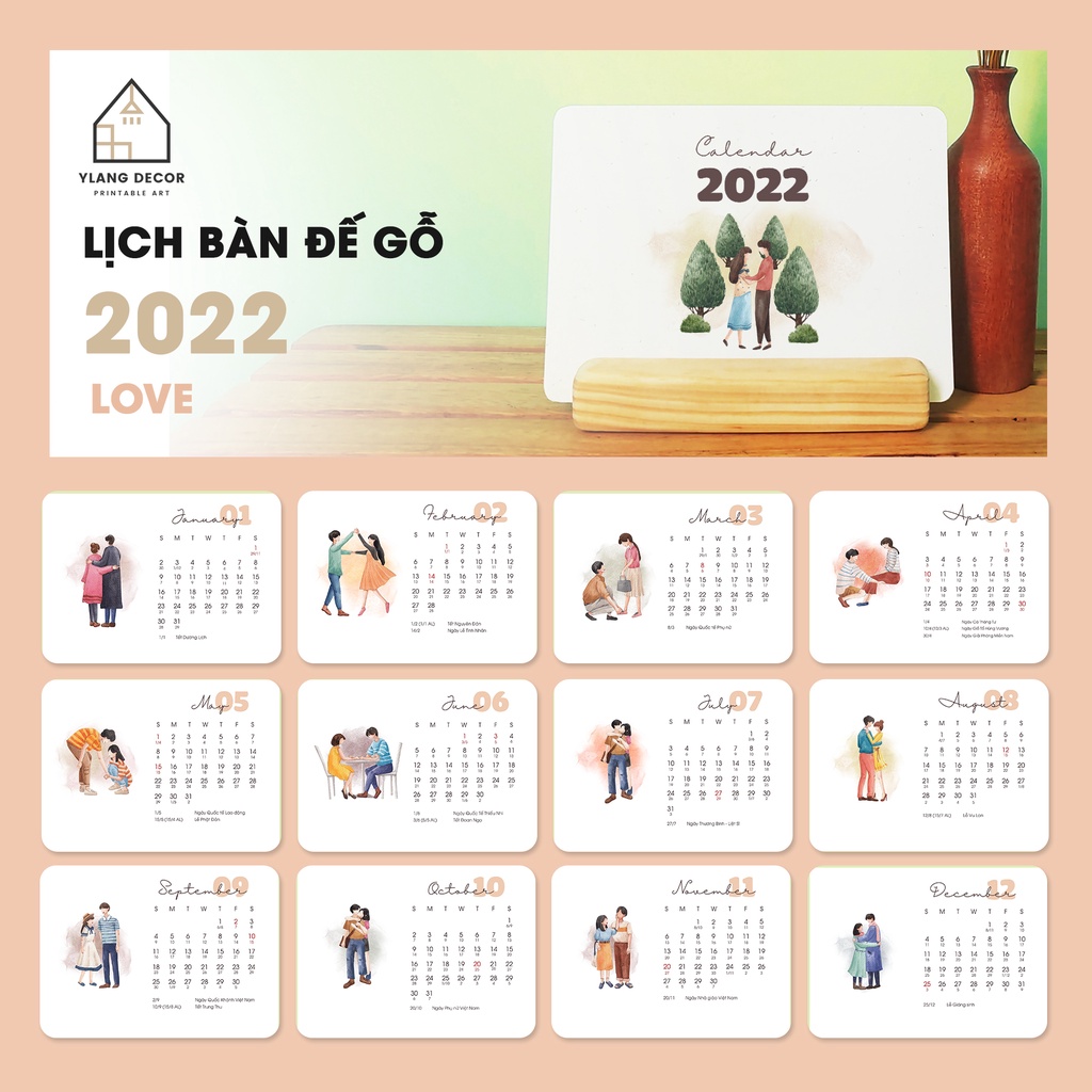 LỊCH BÀN ĐẾ GỖ 2022 - LỊCH BÀN 2022 - Calendar 2022 - Có Lịch Âm - LOVE