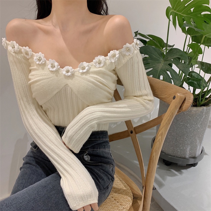 Áo Sweater Dệt Kim Trễ Vai Tay Dài Dáng Ôm Hoạ Tiết Hoa Trẻ Trung Quyến Rũ