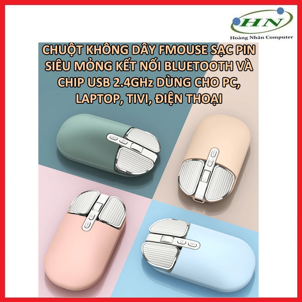 Chuột không dây FMOUSE M203 sạc pin siêu mỏng kết nối bluetooth và chip USB 2.4GHz dùng cho pc, laptop, tivi, điện thoại