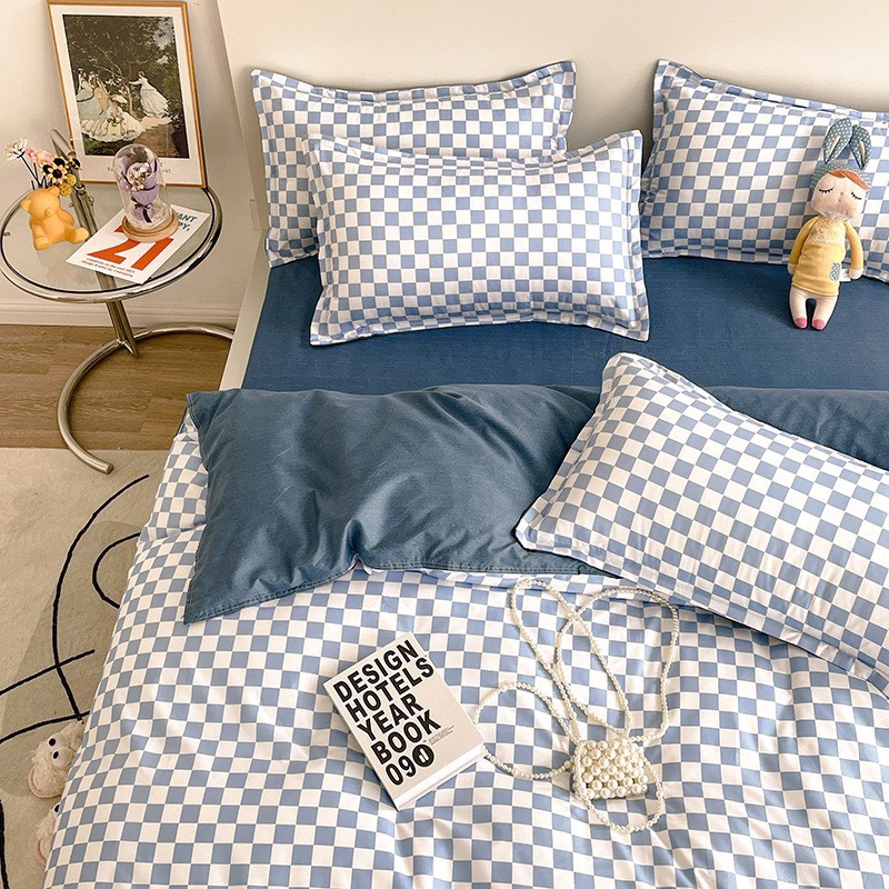 Bộ chăn ga gối Cotton poly M2T bedding, vỏ chăn mền, drap nệm và 2 vỏ gối nằm - PL Bàn cờ vua xanh dương