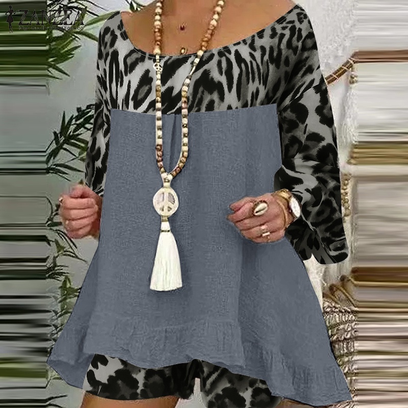Bộ áo ZANZEA tay 3/4 in họa tiết da báo phối quần ngắn thời trang cho nữ