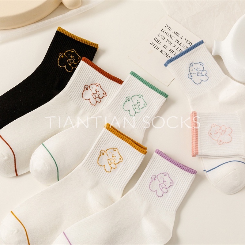 TIAN TIAN T083 Tất nữ cao cấp Vớ mỏng cổ vừa in hình gấu hoạt hình phong cách Hàn Quốc Nhật Bản dễ thương thời trang xuân thu cho nữ sinh