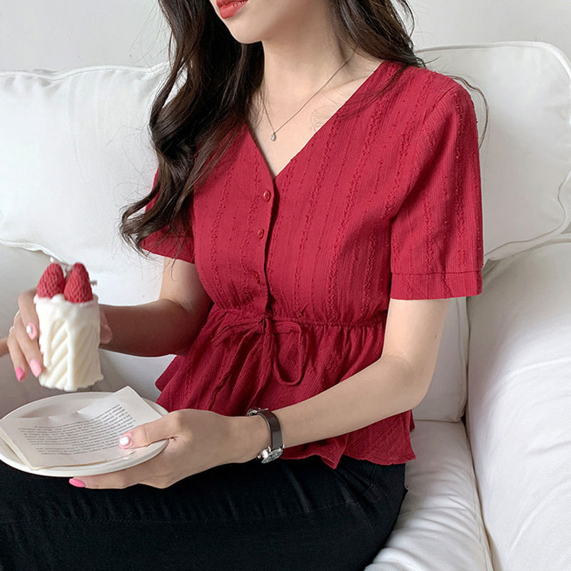 Áo peplum Tay Ngắn Cổ Chữ V Thắt Eo Hàng Mới