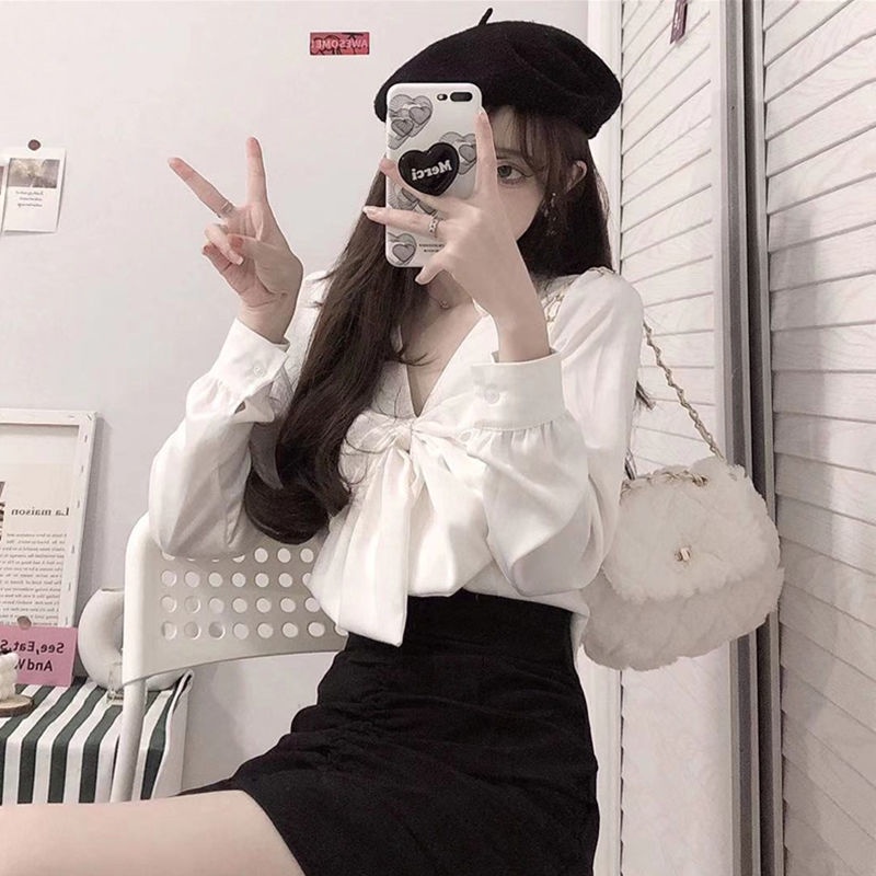 Set áo sơ mi cổ chữ v + chân váy ôm dáng thiết kế thời trang phong cách Hàn Quốc có bán lẻ