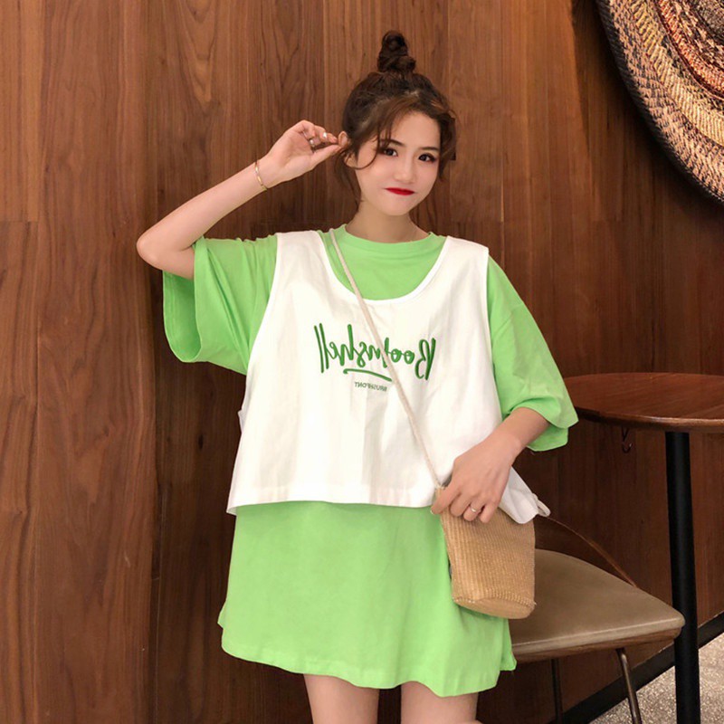 Set Áo Thun Tay Ngắn Dáng Rộng + Áo Thun Không Tay Thêu Chữ Thời Trang Dành Cho Nữ