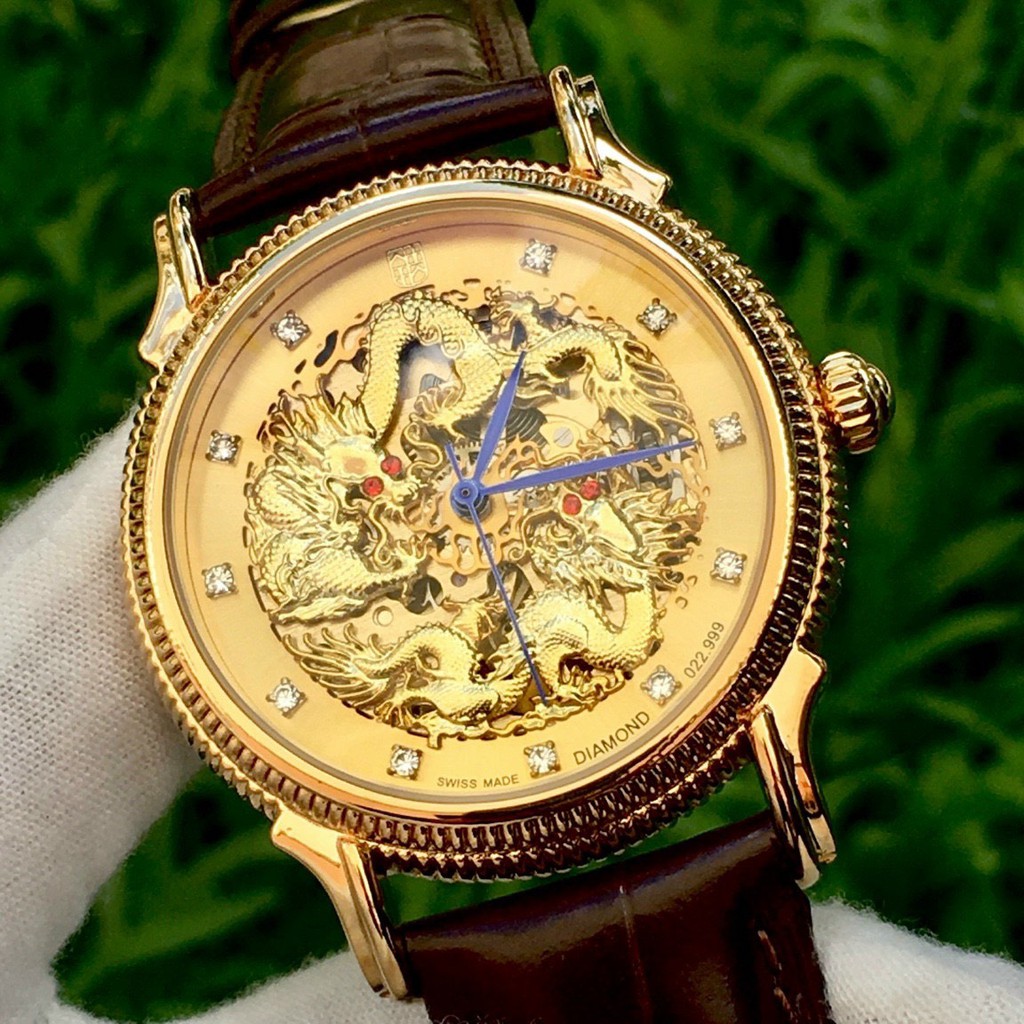 ⚡Ảnh Thật⚡Đồng Hồ Cơ Nam Automatic DIAMOND Dây Da Cao Cấp, Mặt Hình Song Long Thể Hiện Sự Sang Trọng Đẳng Cấp Doanh Nhân