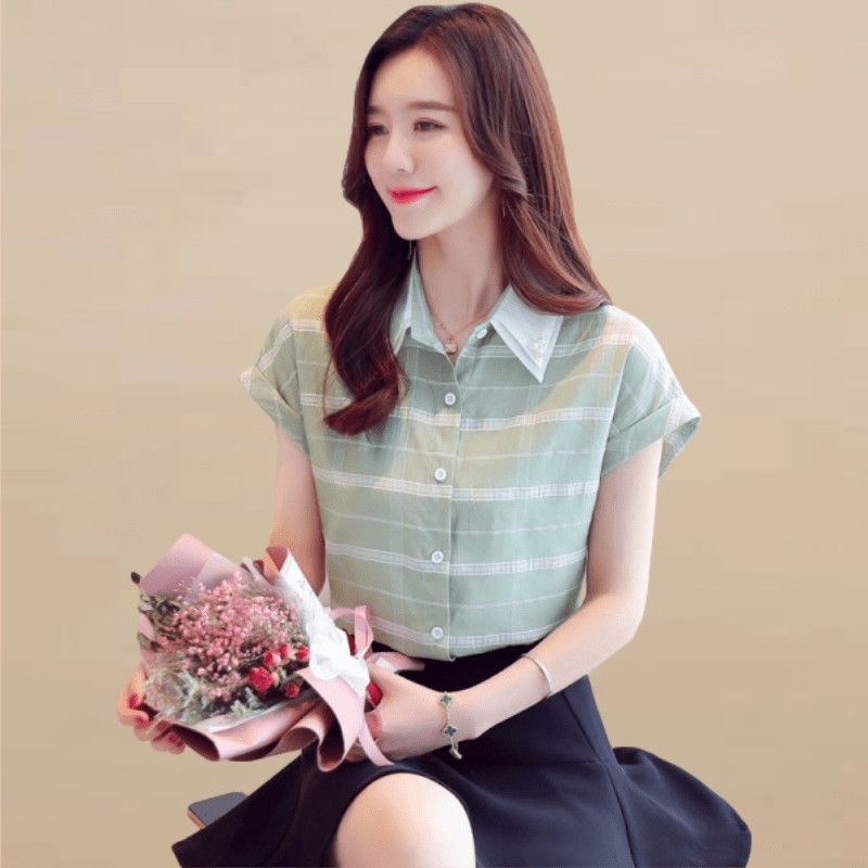 Áo sơ mi voan tay ngắn kẻ sọc che bụng thời trang mùa hè 2021 phong cách nước ngoài cho nữ