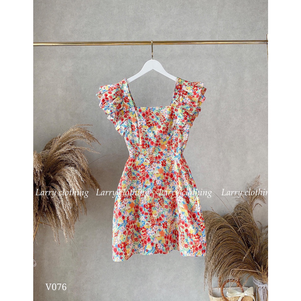 Đầm thiết kế nữ váy cổ vuông chiết eo tay bèo chất thô Hàn 2 lớp váy đi chơi thời trang thiết kế Larry Clothing V076