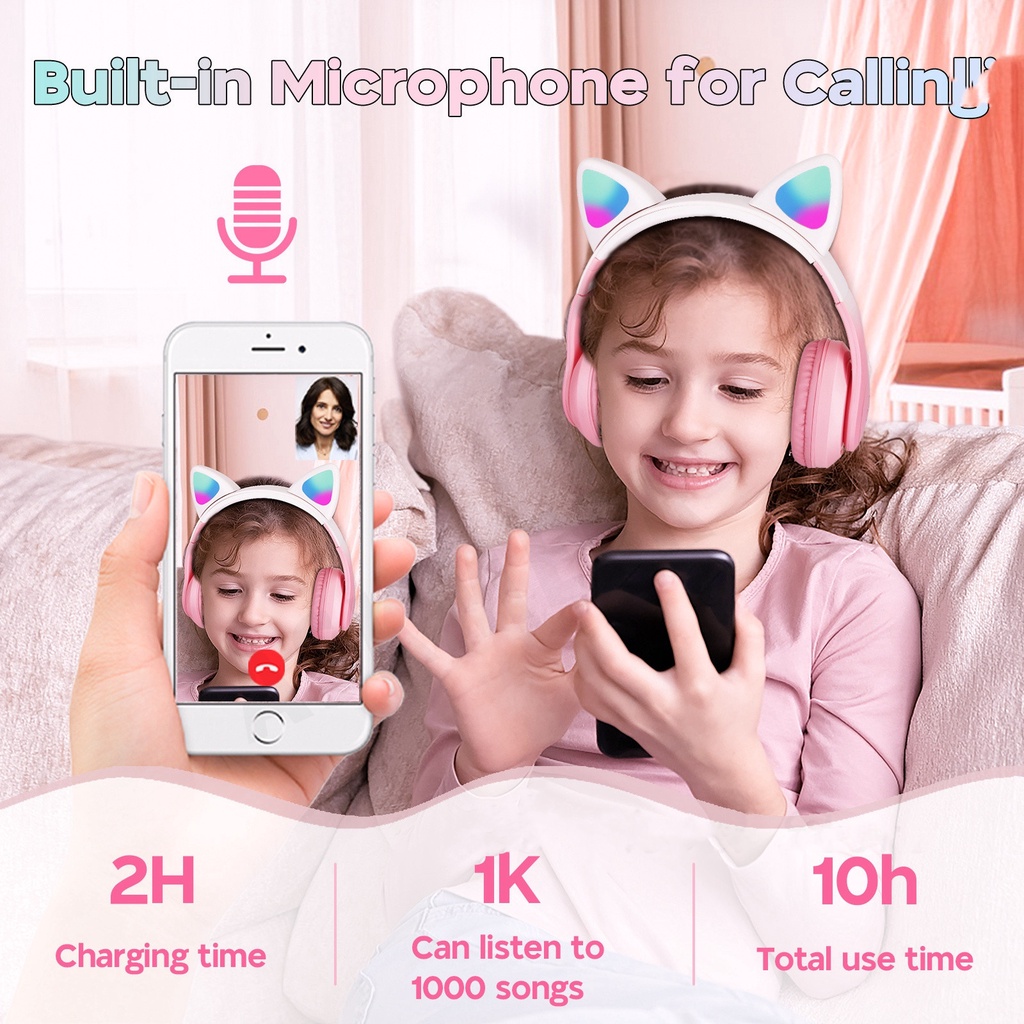 Tai Nghe Chụp Tai Bluetooth Không Dây Âm Thanh Nổi RGB Hình Tai Mèo Màu Gradient Có Mic Cho Bé Gái