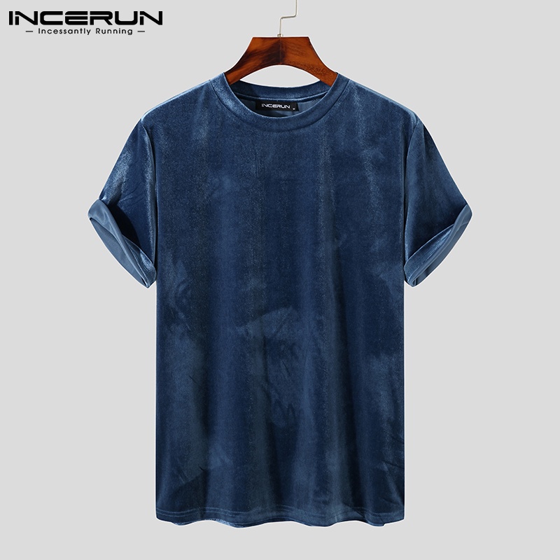 Áo nhung nam INCERUN rộng rãi màu trơn cổ tròn tay ngắn