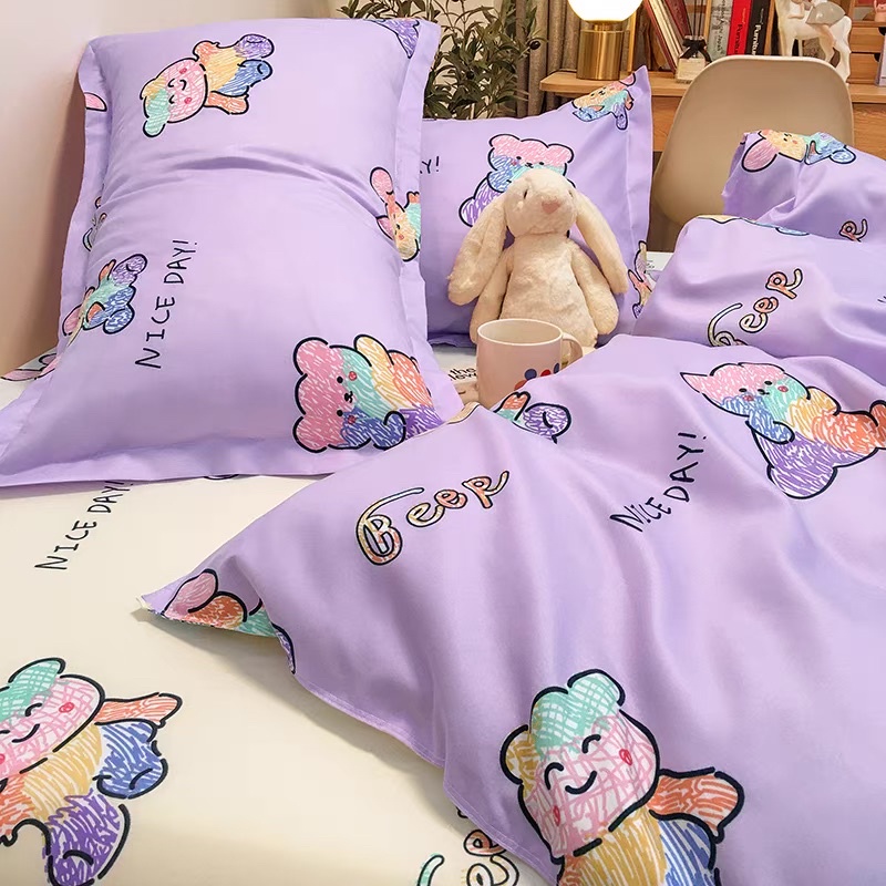 Set Chăn Ga Gấu Sắc Màu Nền Tím Cotton Poly Siêu Đáng Yêu Mềm Mát (Shinbedding_store)