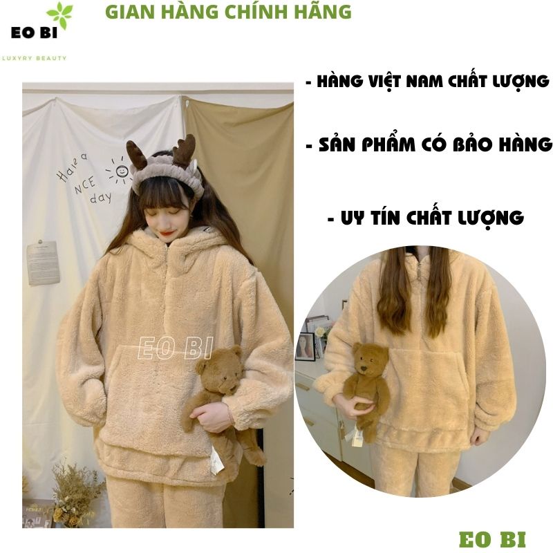 Bộ đồ mặc nhà lông gấu trơn 2 mầu nâu be ,bộ ngủ ấm áp vào mùa đông siêu cute dễ thương - EOBI
