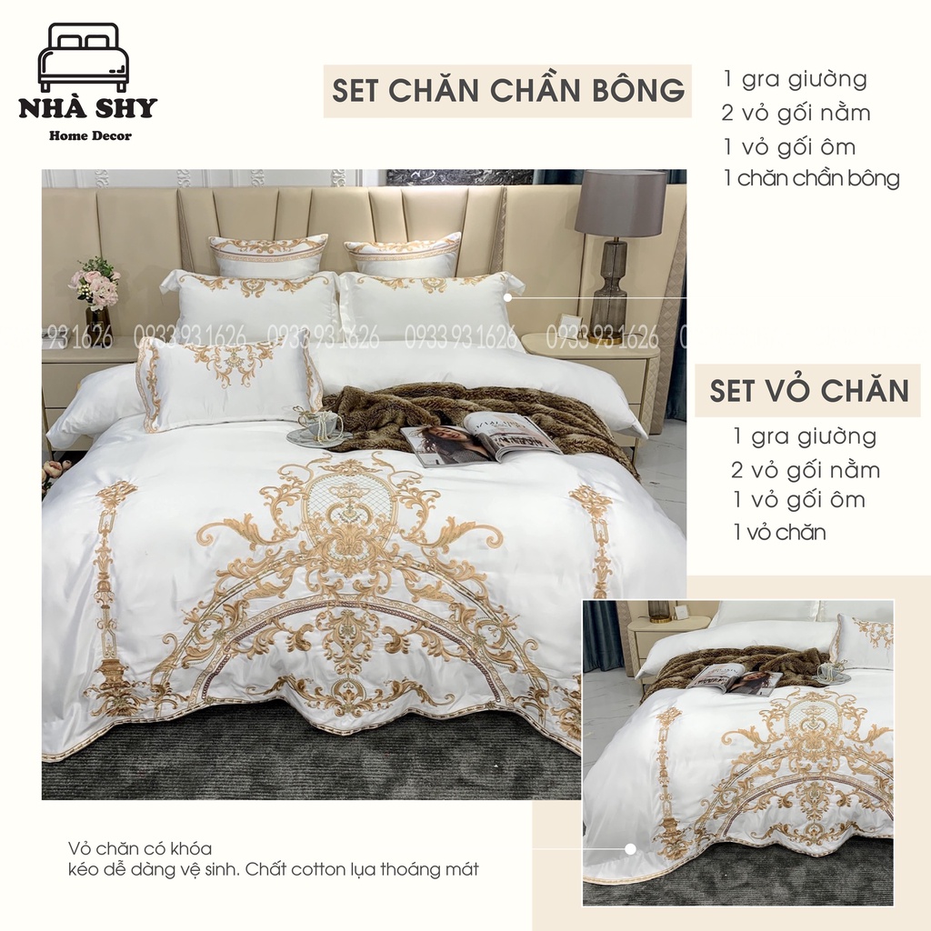 Trọn Bộ Set Ga Cotton Lụa Cao Cấp - Họa Tiết Thêu Phong Cách Hoàng Gia Quý Tộc