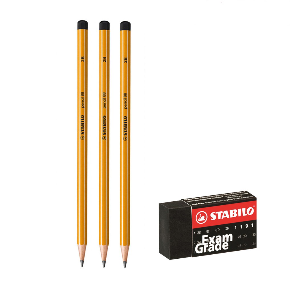 Bộ 3 cây chì gỗ STABILO Pencil 2B đầu đen + tẩy ER191E (PC88-C3+)