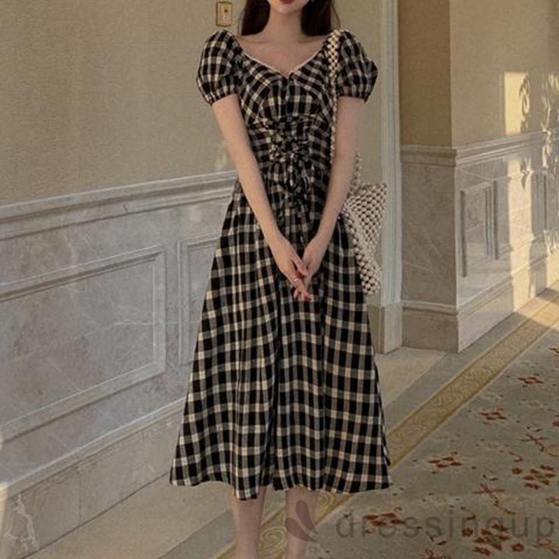 Đầm Nữ Ngắn Tay Cổ Chữ V Họa Tiết Sọc Ca Rô Thời Trang