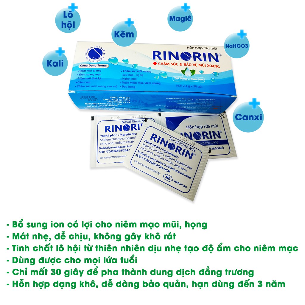 Muối rửa mũi Rinorin hộp 30 gói, hỗn hợp muối rửa mũi cho mọi lứa tuổi - Minh Tiến Phát