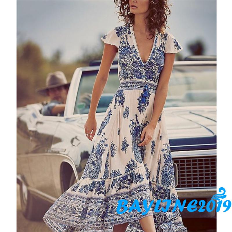 Đầm Maxi Ngắn Tay In Họa Tiết Hoa Thời Trang Thanh Lịch Dành Cho Nữ