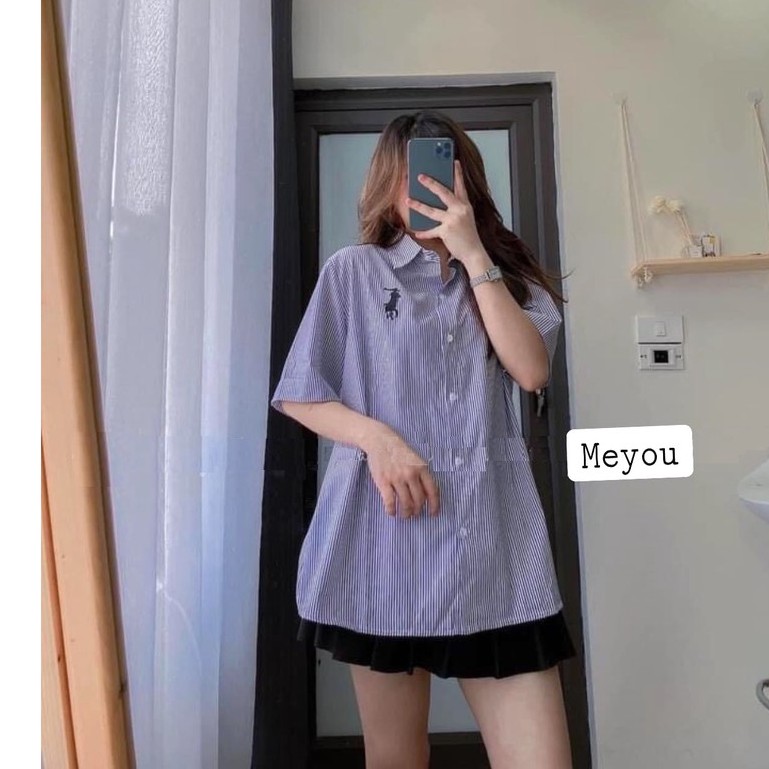 Áo Sơ Mi Kẻ Golf Tay Lỡ PEONYB Nữ [FREESHIP] 🌸 Thun polo form rộng thêu hình sọc màu XANH | TRẮNG cá tính Ulzzang 🌸