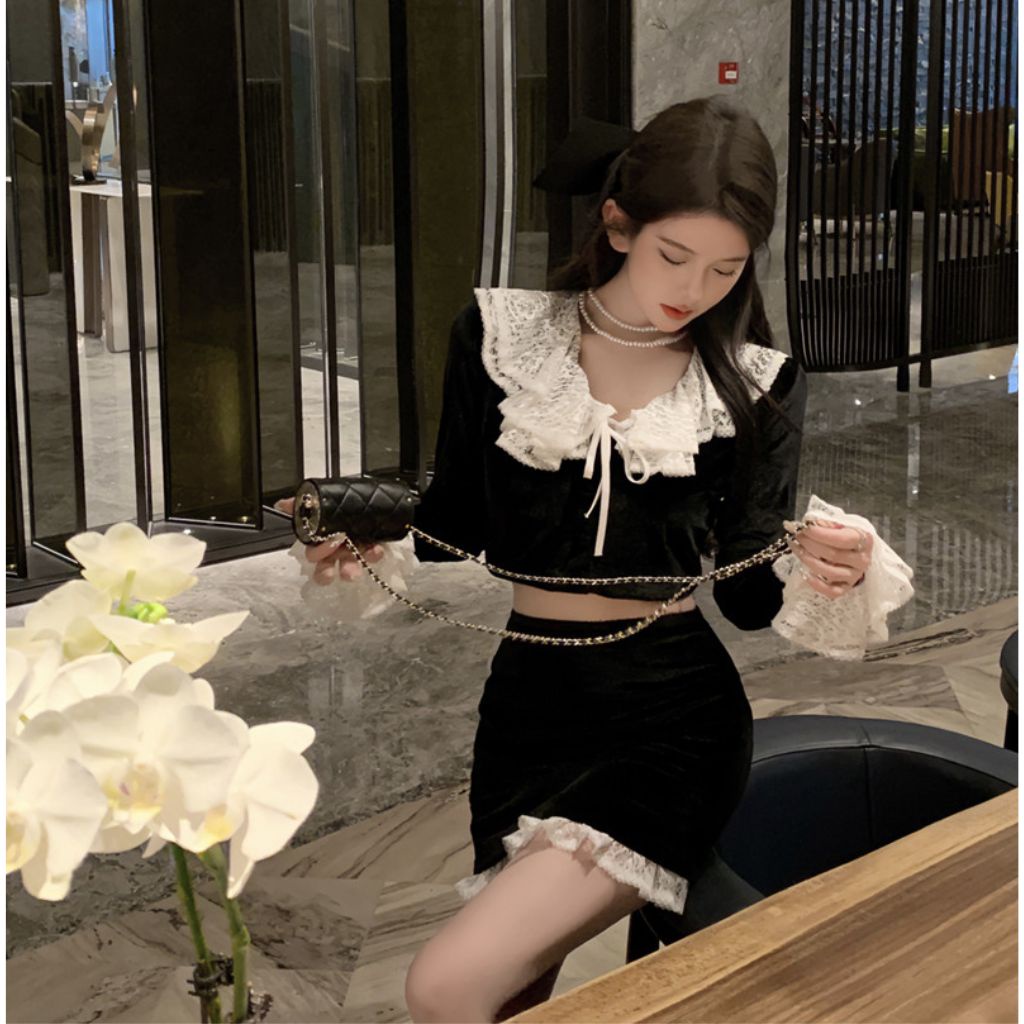 Sét áo nhung kiểu cổ bèo ren + chân váy nhung chất liệu cao cấp hàng order Taobao nhà Oanhdilys