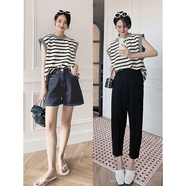 Áo Thun Sát Nách Cổ Tròn Form Rộng Họa Tiết Kẻ Sọc Phong Cách Retro