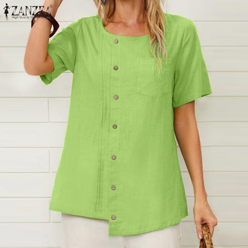 Zanzea Áo Sơ Mi Cổ Tròn Tay Ngắn Thời Trang Dành Cho Nữ