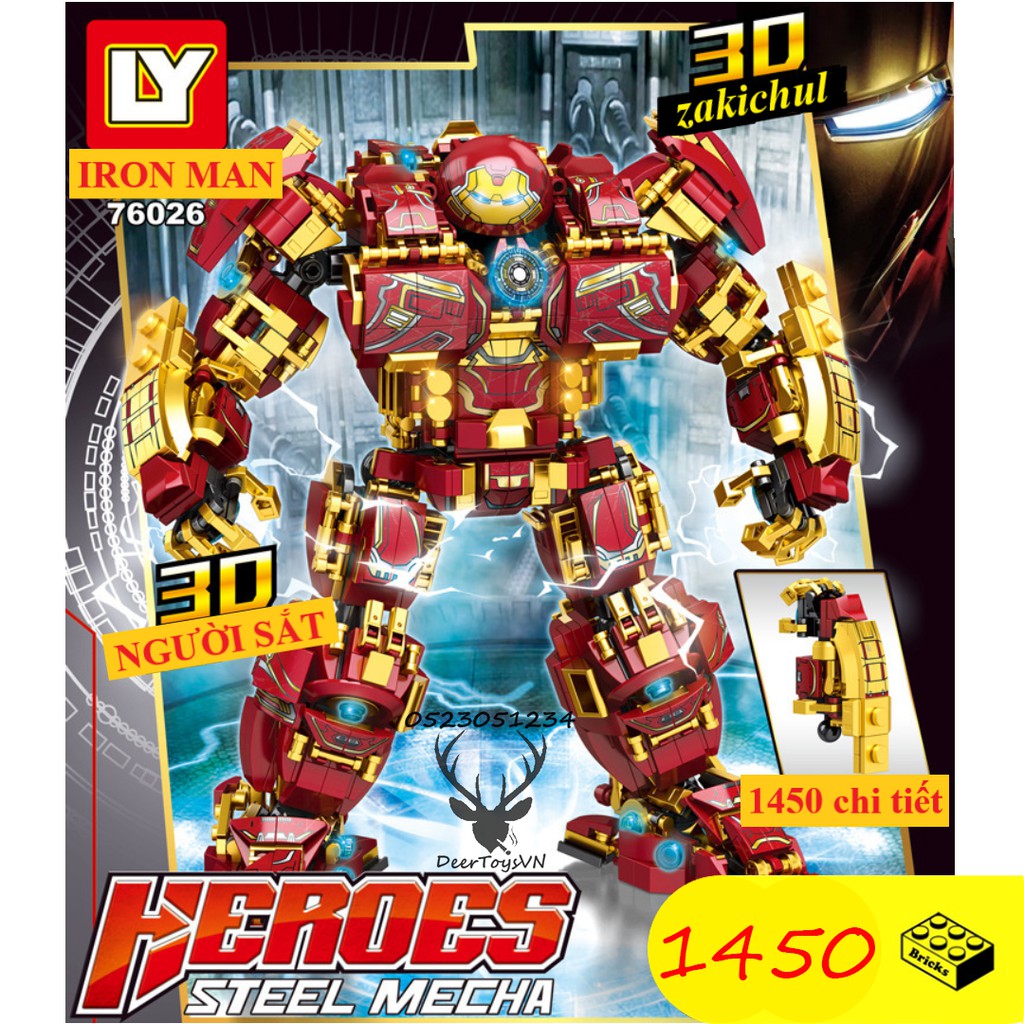 [1450 CT - Hộp Giấy] Bộ Đồ Chơi Lắp Ráp Xếp Hình Mô Hình Lego Người Sắt, Lego Iron Man Hulkbuster, Marvel – SIÊU TO