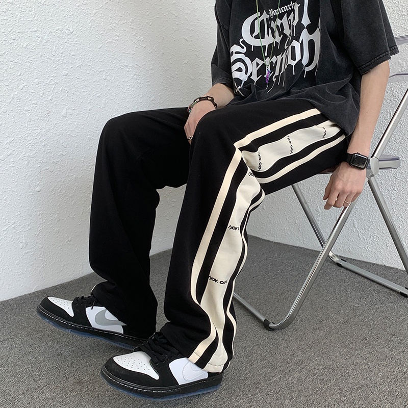 Quần Thể Thao Lưng Cao Ống Rộng In Họa Tiết Kẻ Sọc Bên Hông Phong Cách Đường Phố Mỹ Cho Nữ