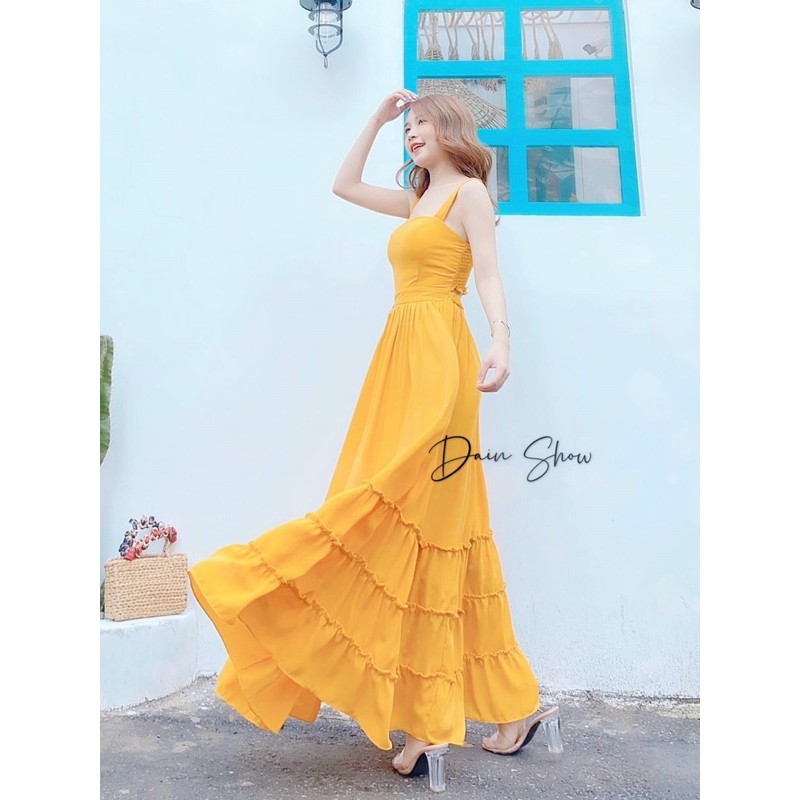 Đầm maxi hai dây nhún thun hở lưng nối tầng đi biển du lịch (Ảnh thật trãi sàn) | BigBuy360 - bigbuy360.vn
