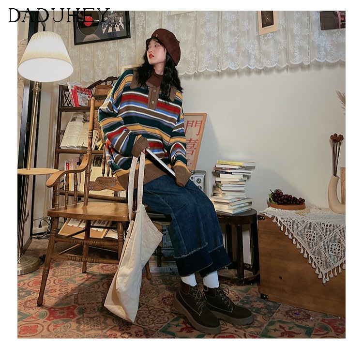 Daduhey Quần denim dài cạp cao ống rộng thời trang Hàn Quốc cổ điển sang trọng cho nữ