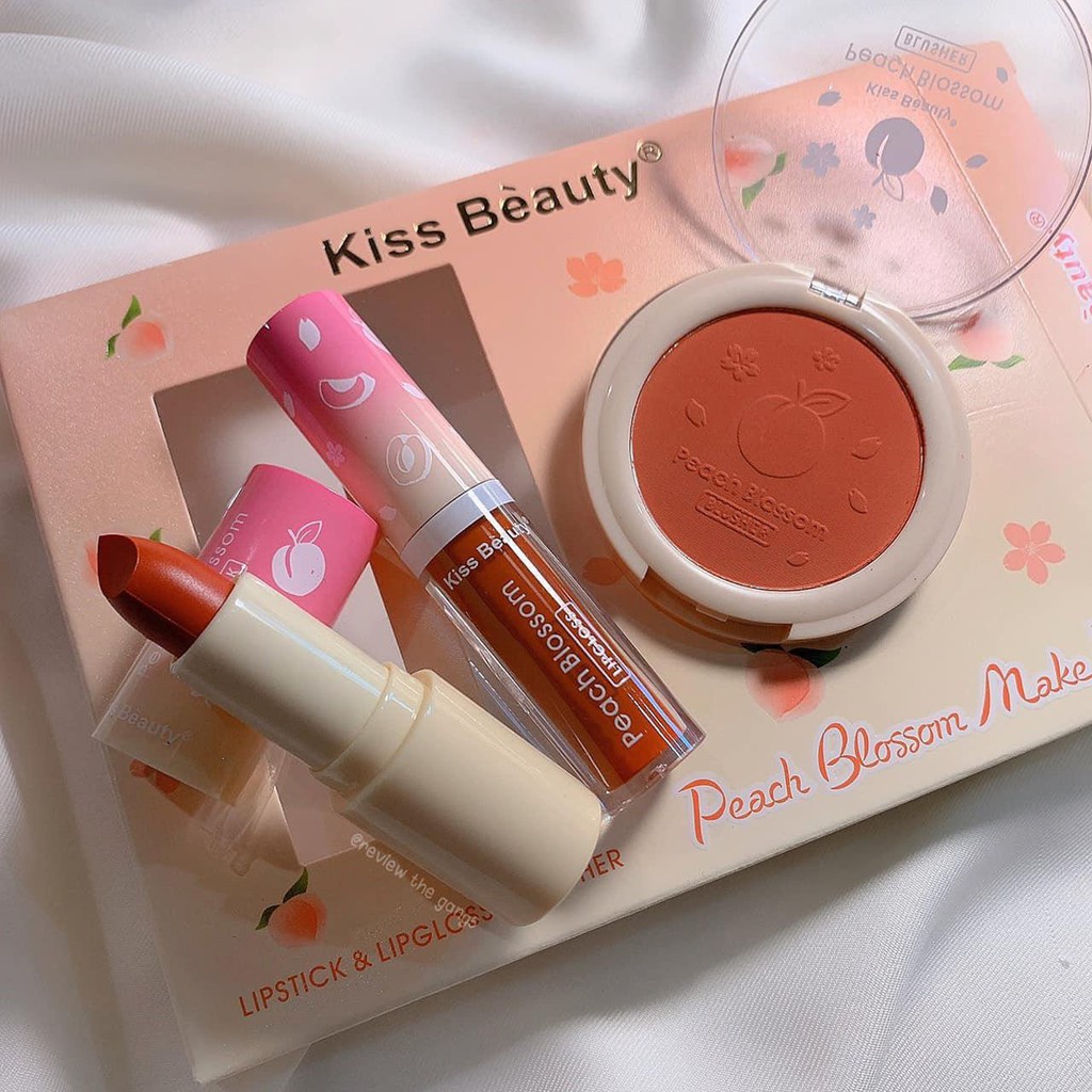 Set 3 món: son thỏi, son kem và má hồng của Kiss Beauty Peach Blossom make up | BigBuy360 - bigbuy360.vn