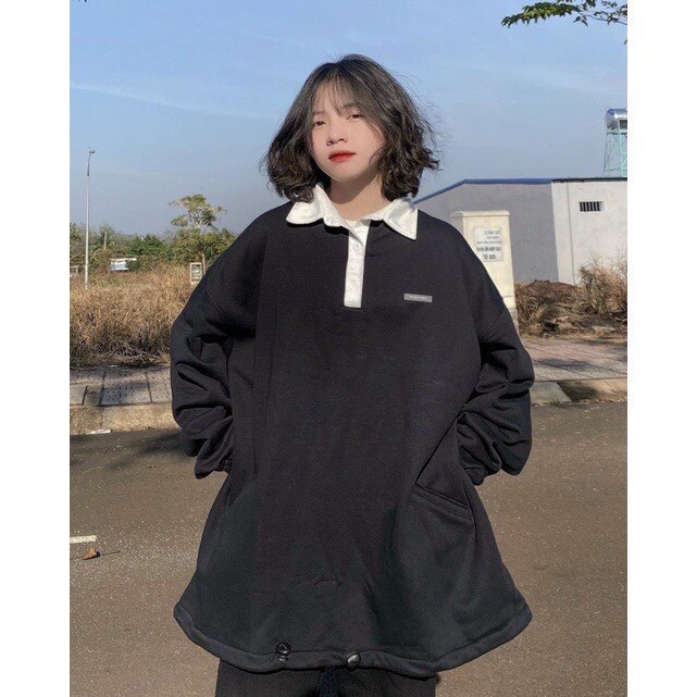 Áo Thun Polo Cổ Bẻ Dài Tay Dáng Rộng Thêu Ngực Dây Rút Nam Nữ Unisex Phối Cổ Sweater