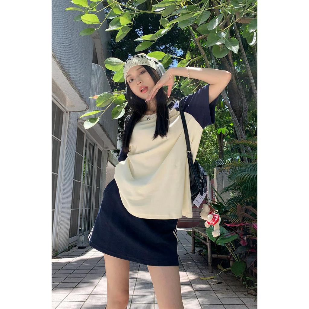 Áo Thun / Váy Ngắn Tay Thêu Chữ Màu Tương Phản Phong Cách Preppy 66013