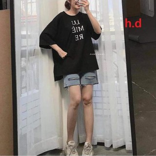 Sét áo phông tay lỡ in chữ + quần sooc bò rách gấu