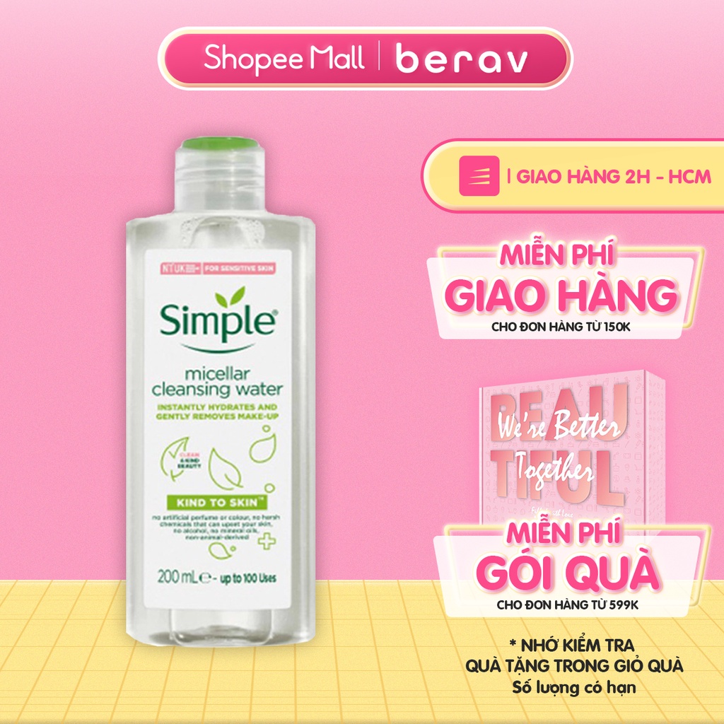 [Mã FMCGMALL -8% đơn 250K] Nước Tẩy Trang Simple Kind To Skin Micellar Water Sạch Sâu Dịu Nhẹ cho Da Nhạy Cảm 200ml