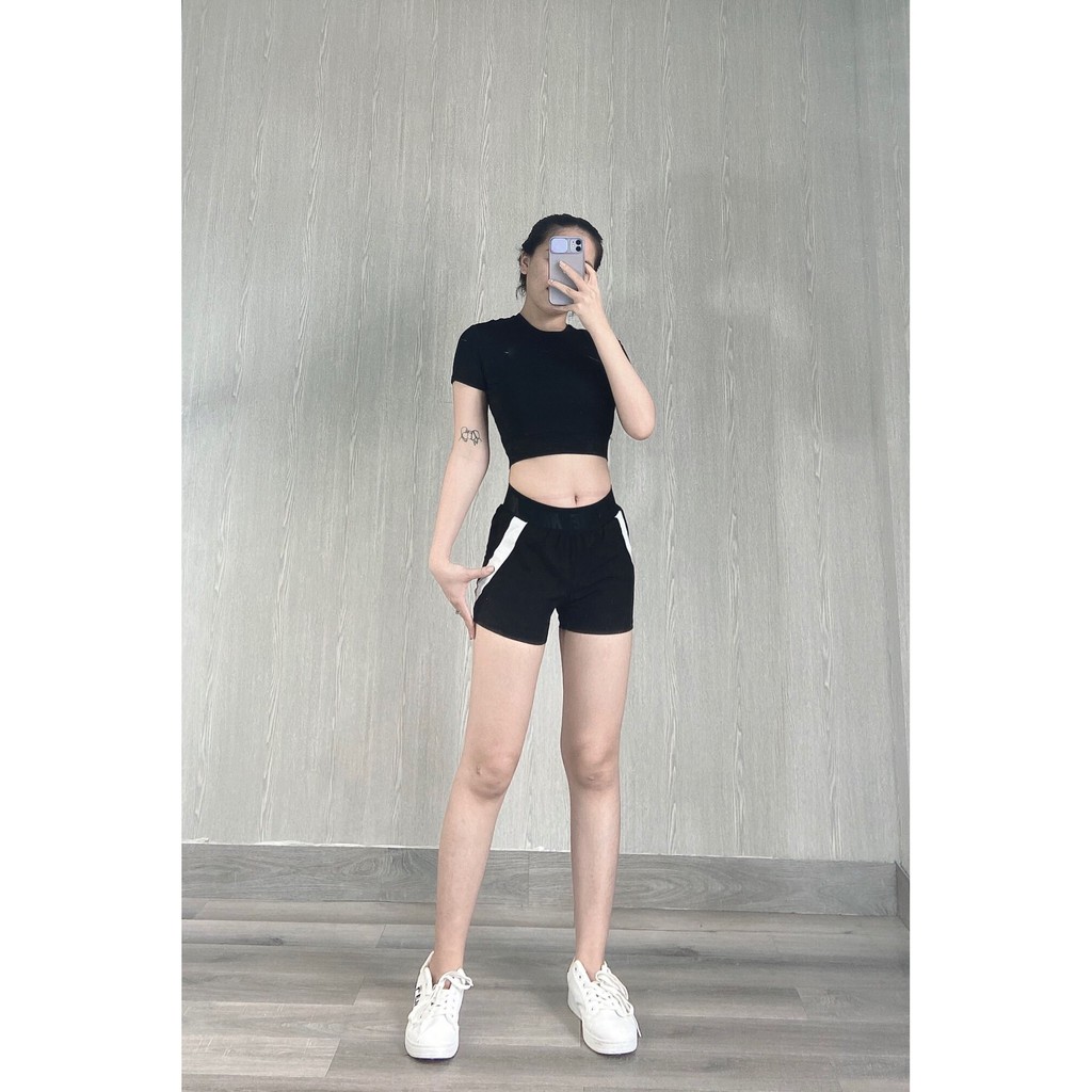 Set đồ tập gym nữ kiểu áo croptop dài ngắn logo phản quang vải dày co giãn 4 chiều hợp tập thể thao yoga zumba XTT019