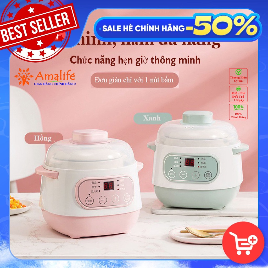 Nồi hầm nấu cháo chậm hẹn giờ thông minh, cách thủy 4 in 1, chưng yến cực kì tiện lợi lõi sứ, dung tích 1L-2L Amalife