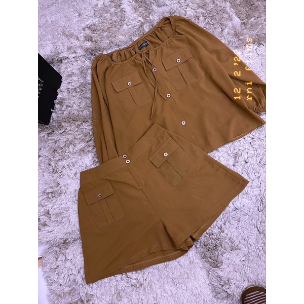 Set bộ áo trễ vai nhún thun tay dài quần short bigsize Mèo Mập Clothes chất đũi Hàn mịn mát