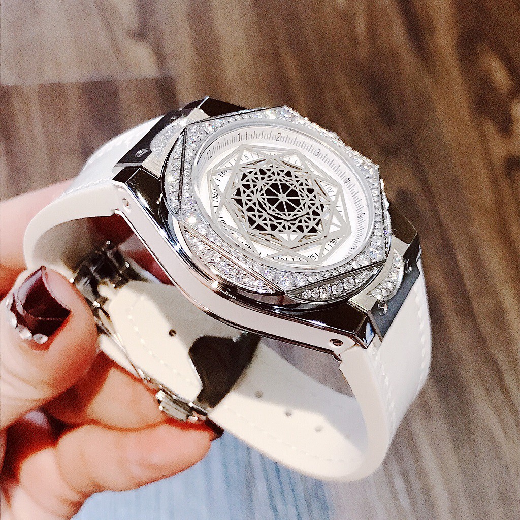 Đồng Hồ Huboler Hanboro Nữ Dây Silicon Bọc Da Trắng Silver Authentic 38mm