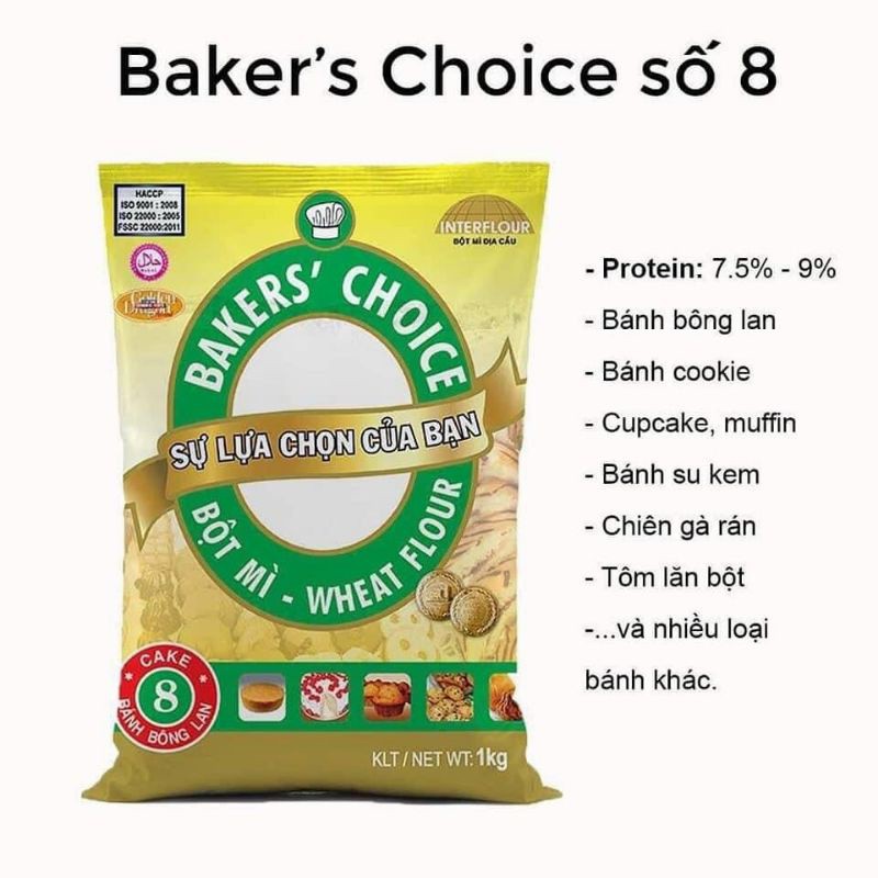 Bột mì Bakers Choice số 8 gói 1kg  làm từ lúa mì có hàm lượng gluten thấp