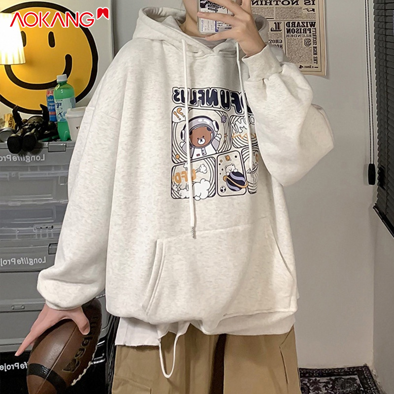 Áo hoodie AOKANG chui đầu dáng rộng in hoạt hình kiểu Hong Kong thời trang mùa đông cho nam
