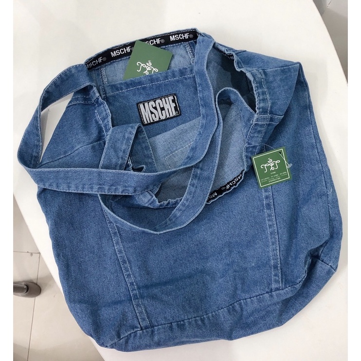 Túi tote đeo vai vải jean denim cỡ lớn MISCHIEF ulzzang Hàn Quốc (có sẵn)