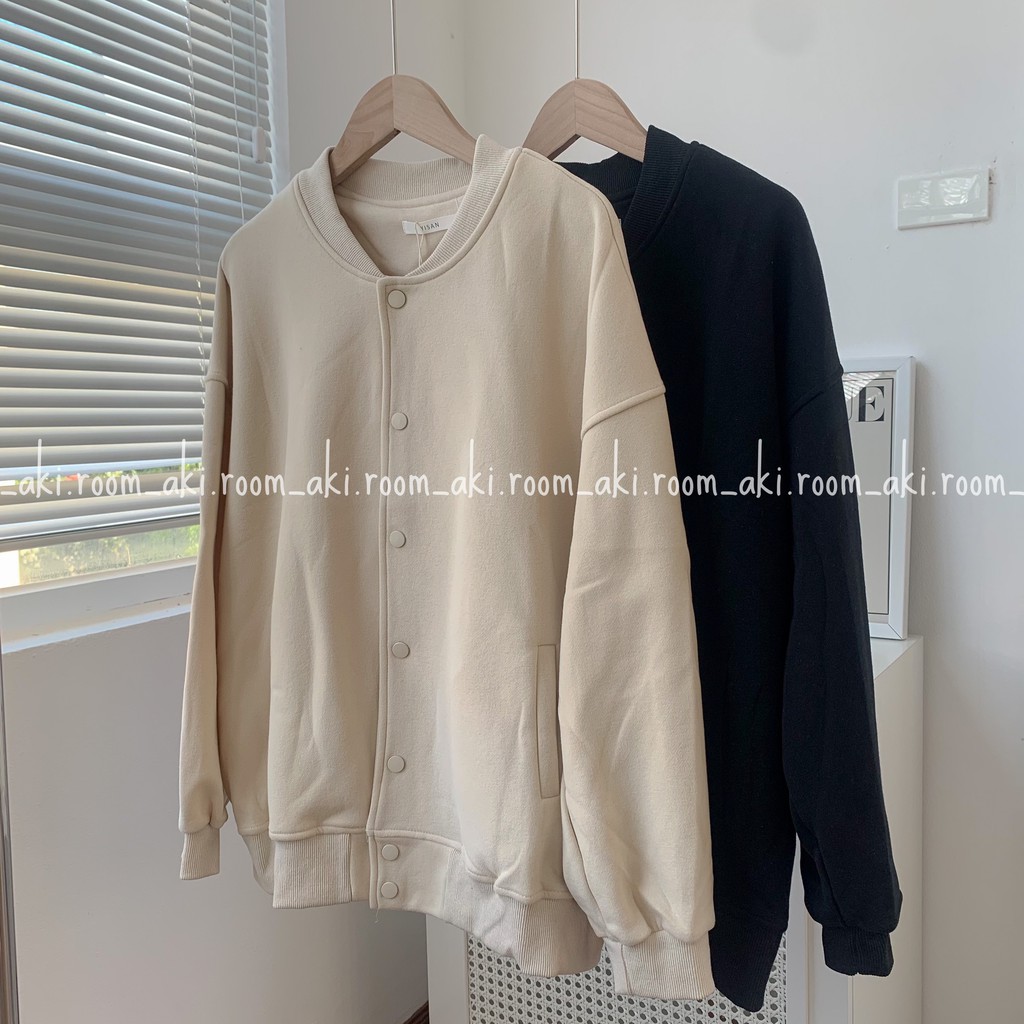 Áo khoác bomber nỉ trơn cúc bấm chất mềm mịn form rộng