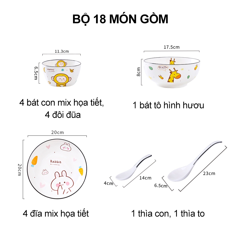 Bát đĩa sứ, bộ bát đĩa cao cấp mix họa tiết hoạt hình dễ thương 18 món – VS203